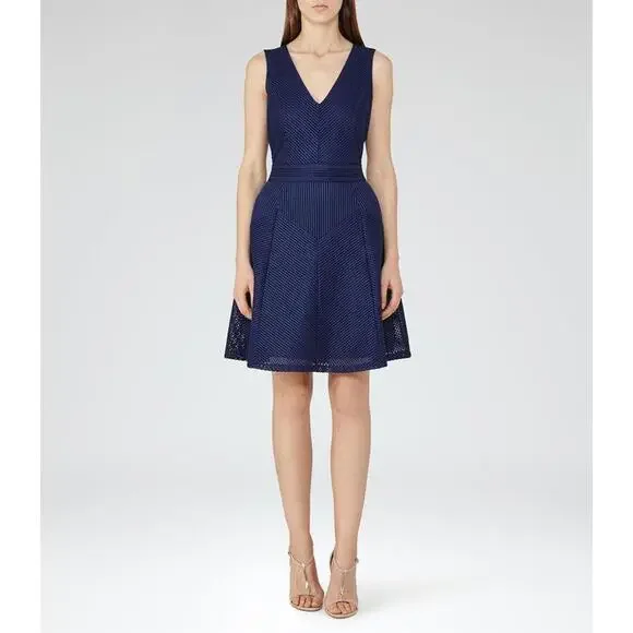Reiss Topaz Blue Textured Fit & Flare Dress Sleeveless - Picture 1 of 9